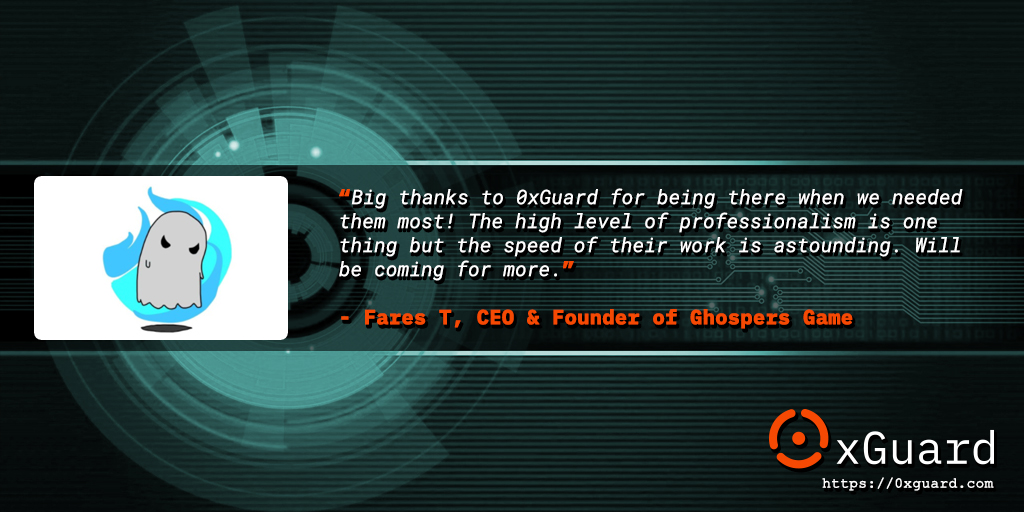 0xGuard's tweet photo. "Big thanks to #0xGuard for being there when we needed them most! The high level of professionalism is one thing but the speed of their work is astounding. Will be coming for more."
- Fares T, CEO &amp; Founder of @GhospersGame 

#CustomerReview #audit #smartcontracts https://t.co/5dE8wGPbJ8