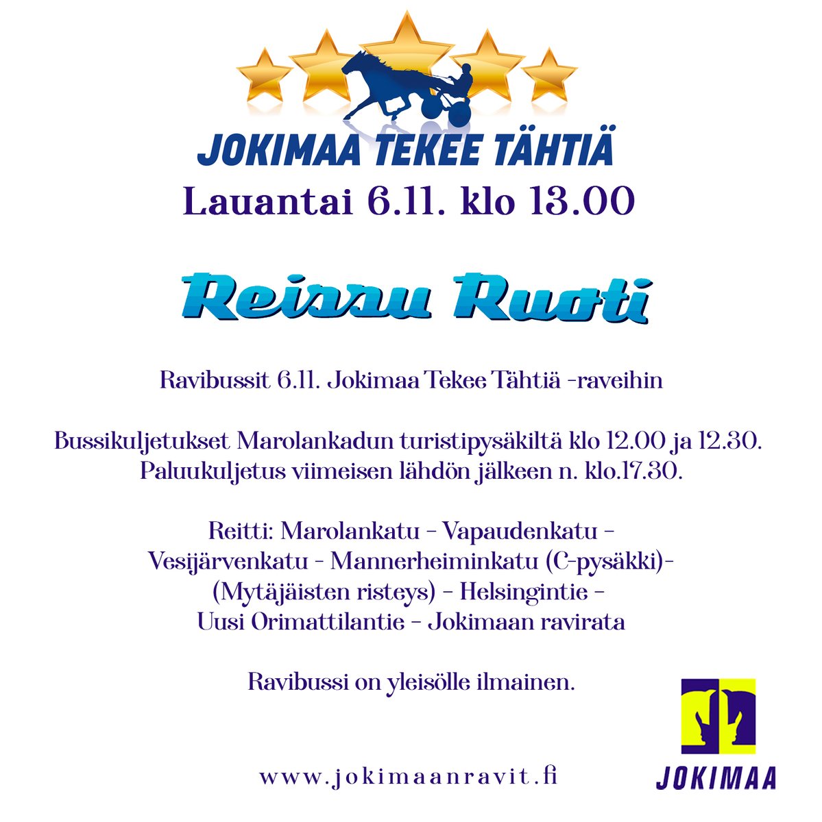 Muistutus lauantain ilmaisista ravibusseista! 
#jokimaanravit #lahti #jokimaatekeetähtiä