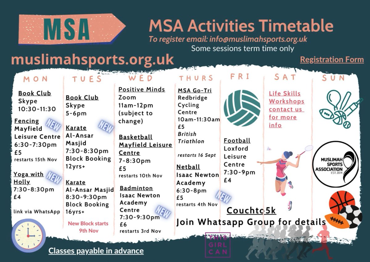 MuslimahAsso's tweet photo. MSA #timetable #womeninsports #sports #activities #thisgirlcan #femaleinsport #ballers #football #netball #badminton #meditation #yoga #sports #exercise #fitness #fitnessmotivation #womenempowerment #womensupportingwomen #womenfitness #muslimahs #hijab https://t.co/Sqvex69Yo5