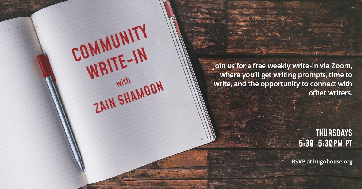 Hugo House (@hugohouse) on Twitter photo Come write with us and <a href="/ZainAliShamoon/">Zain Ali Shamoon</a>! Today at 5:30pm PT, Zain will be leading a free Community Write-In on Zoom. All skill levels and genres welcome. RSVP at us02web.zoom.us/meeting/regist… Come write with us and <a href="/ZainAliShamoon/">Zain Ali Shamoon</a>! Today at 5:30pm PT, Zain will be leading a free Community Write-In on Zoom. All skill levels and genres welcome. RSVP at us02web.zoom.us/meeting/regist…