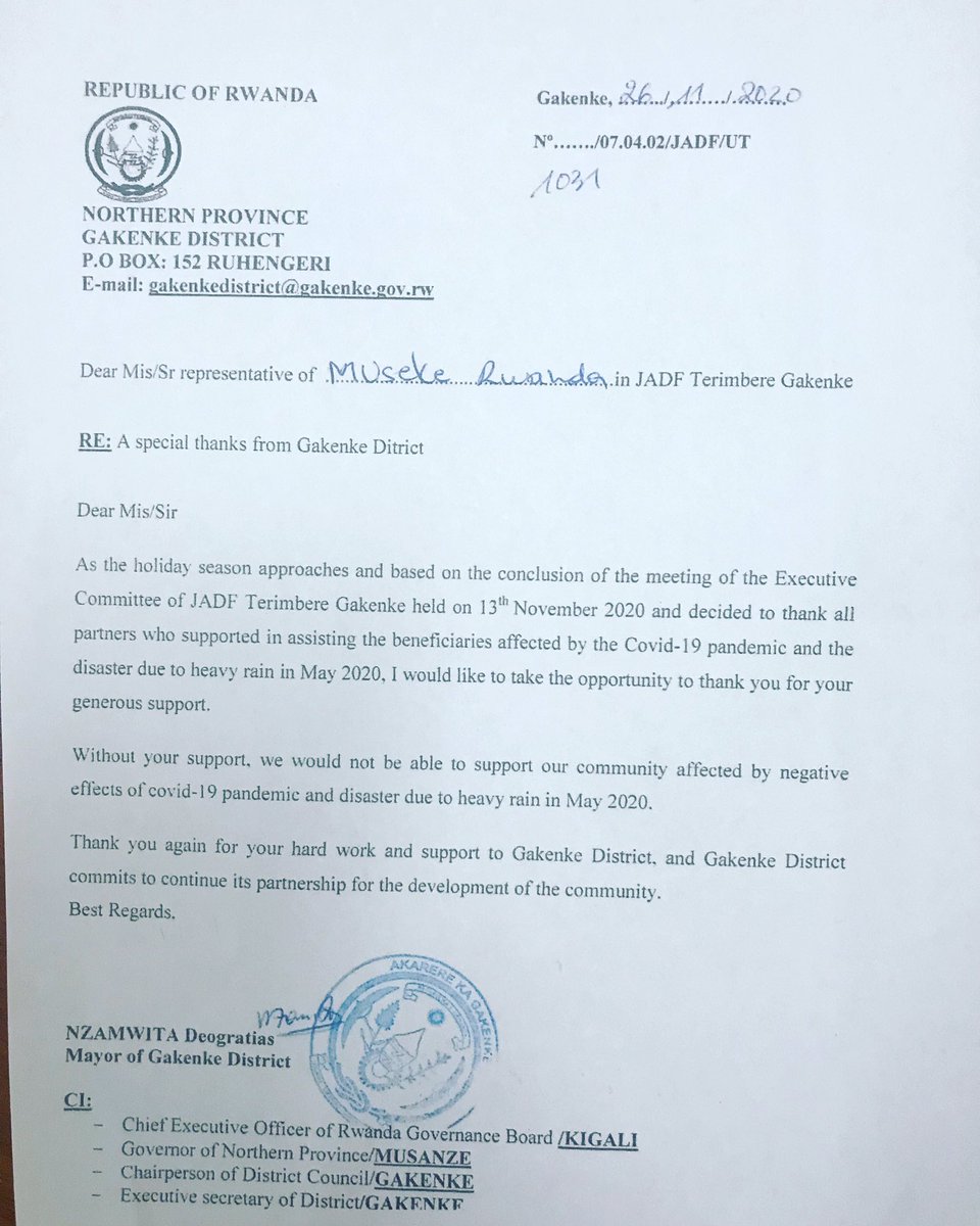 Muy buenos días ❤️ queremos compartir una carta de agradecimiento que Museke Rwanda ha recibido del Ayuntamiento del distrito de Gakenke, al que pertenece Nemba, localidad donde está situado Museke. FELIZ VIERNES 💪🏾💪🏻❤️❤️