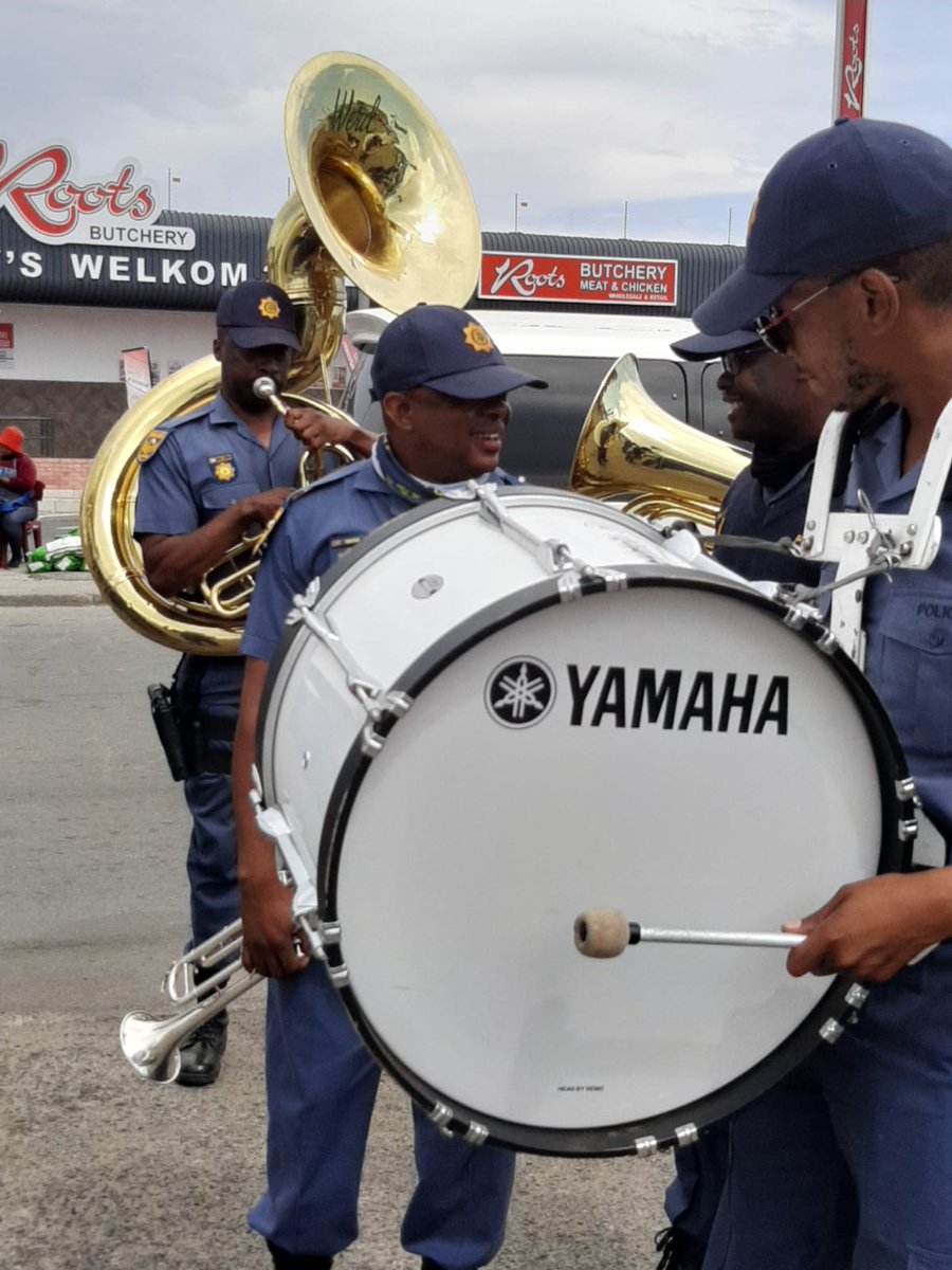 SAPoliceService's tweet photo. #sapsFS The Provincial Launch for the #SaferFestiveSeason operatons are underway at Vuyo Charles Stadium in Thabong, Welkom. Motorcade at Mannis in Welkom waiting for the arrival of #SAPSNPC, Gen Sitole and entourage. #PoliceVisibility #PartnershipPolicing #CountryInBlue ME https://t.co/xVyUWO8AcN