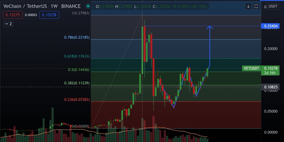 benj_strong's tweet photo. #VeChain look at this massive W that has formed on the Weekly $VET chart. Probability of breakout is VERY high, this will take us back up to ATH within the next few weeks and then we can start talking about price discovery smack bang in the middle of #altseason🚀 https://t.co/1MFhIGnvBo