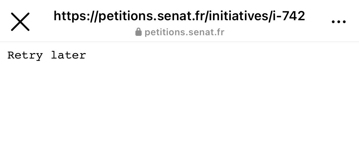 hugoclement's tweet photo. Et c’est reparti… dès que beaucoup de gens veulent signer, ça bug. 

Franchement @Senat, atteindre les 100 000 signatures dans ces conditions, ça relève de l’exploit. Mais bon, c’est sûrement le but.

https://t.co/vhxmIkl8gP

@unjour1chasseur https://t.co/K9HXvQ4ejC
