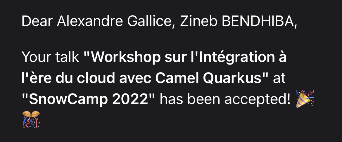 🎊 🎉 Avec <a href="/AlexGallice/">Alexandre Gallice</a>, nous serons présents à <a href="/SnowCampIO/">Snowcamp, la conf tech des Alpes 🏔️</a> en 2022. 🎉🎉Nous ferons un workshop sur #quarkus 🚀 et #ApacheCamel 🐫🐪