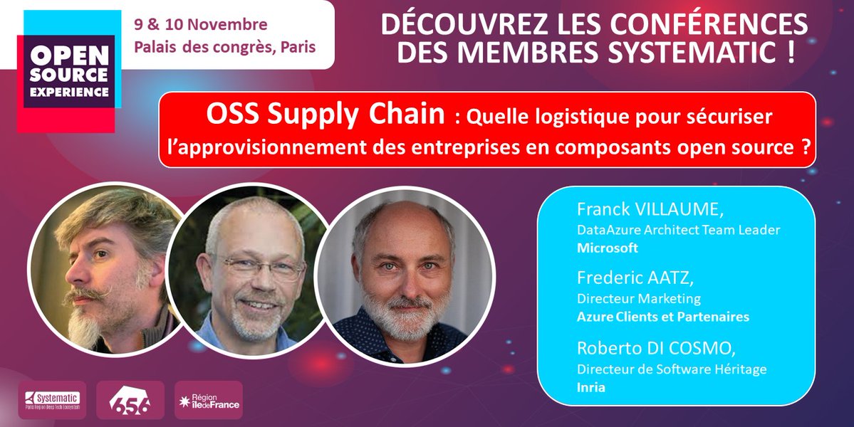 On vous donne RV mardi 09/11 à 11h20 pour 1 duo mythique @rdicosmo-@microsoftfrance🤩 Franck Villaume Frédéric Aatz @Azure_France Roberto Di Cosmo @SWHeritage seront autour d'1 même table pour évoquer les enjeux de la #SupplyChain d logiciels #OpenSource bit.ly/3wjW3eh