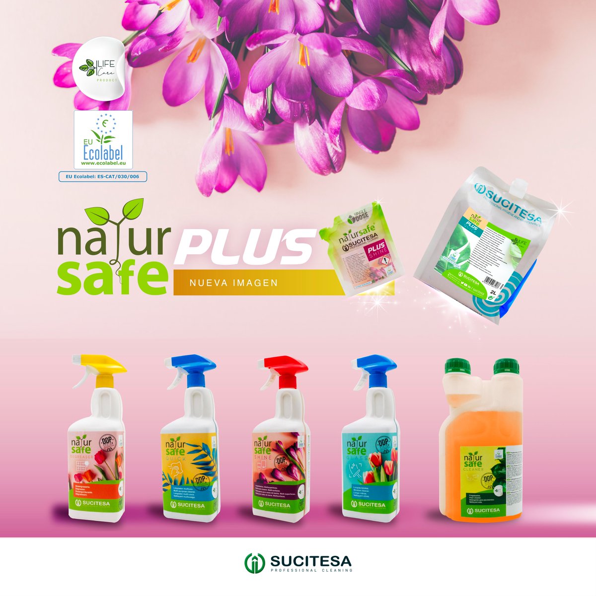 Sucitesa's tweet photo. Sabes que nuestros #NATURSAFE PLUS son la solución más #sostenible? Son el resultado de la combinación más 🍃: certificación #ECOLABEL + #PRODUCTOSconcentrados. 
¡Y ahora con ✨#NUEVAimagen!💐🌷🌿

#HigieneProfesional #ProductosLimpiezaEcológicos #EcoEtiqueta #Sostenibilidad https://t.co/uu3WQCx82i