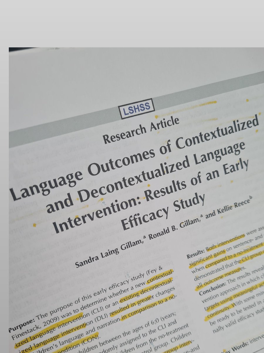 Delightful early morning reading looking contextualised vs decontextualised language therapy. This article is great as it clearly defines the intervention procedure and includes resources in the appendix 😍🤩 #DLD #LanguageTherapy #MySLTDay