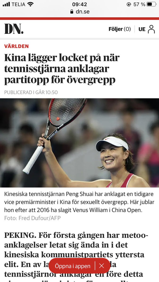 Chinese tennis star Peng Shuai accuses former vice Prime Minister Zhang Gaoli for sexual abuse, according to Swedish <a href="/dagensnyheter/">Dagens Nyheter</a> #tennis #melon #metoo #china #sweden 🇨🇳🇸🇪