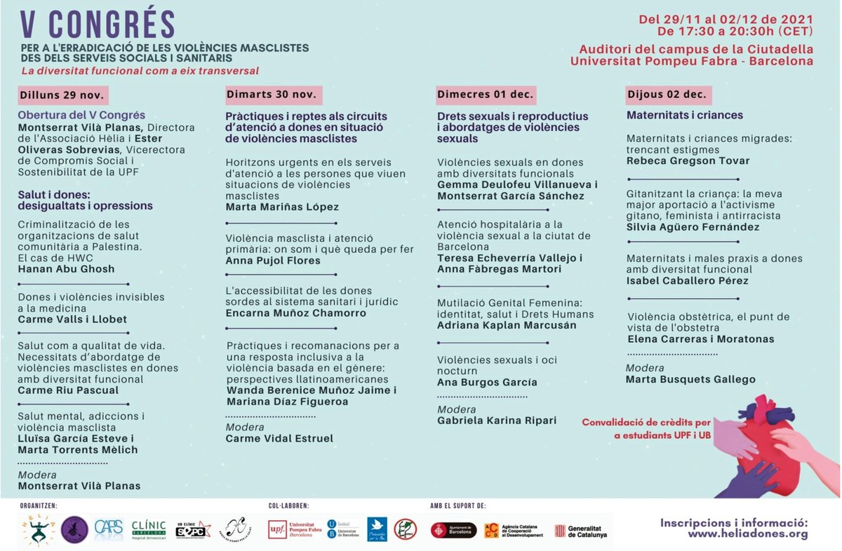 ♀️Us convidem al V Congrés per a l’erradicació de les violències masclistes des dels serveis socials i sanitaris! 4 dies de ponències i debats sobre desigualtats i opressions cap a les dones, incorporant la diversitat funcional. Inscripcions i més info a heliadones.org