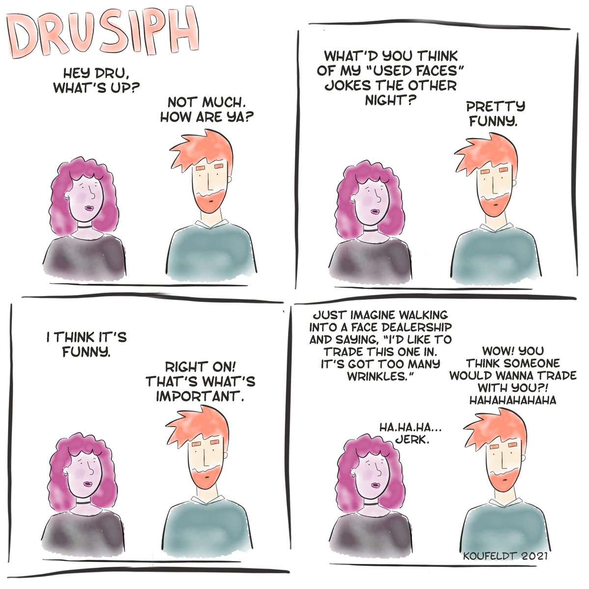 drusiph's tweet photo. #drusiph #comic #comicstrip #comicbook #comedy #cartoon #webtoon #webcomic #webseries #writing #satire #sarcasm #joke #laughter #humour #comedian #standcupcomedy #conversation #dialogue #aging #aginggracefully #faces #wrinkles #dealer #dealerships #used #tradein #refurbished https://t.co/9ruyqF5Z4h