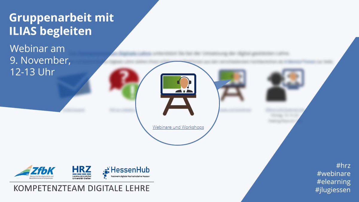 Thema des KDL-Webinars am 9. November: "Gruppenarbeit mit ILIAS begleiten" - mehr Infos und kostenlose Anmeldung unter dlvr.it/SBxJ6L #hrz #webinare #elearning #jlugiessen #ilias