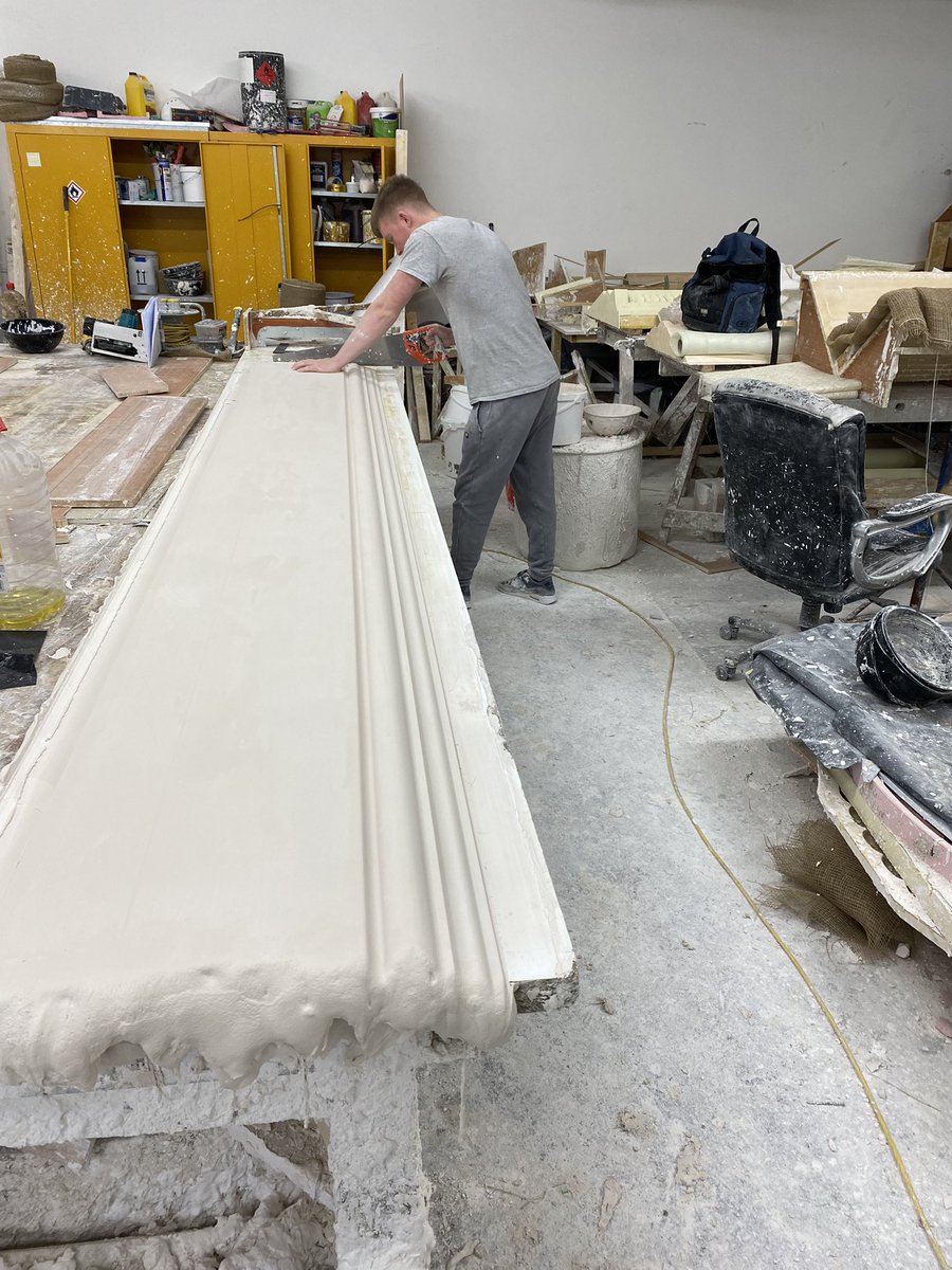 Just another day in the workshop Jason turning a bespoke column model Ameha setting out the major and minor axis for an elliptical ceiling panel and Tyler running a matching to existing skirting #fibrous #heritage    #conservation