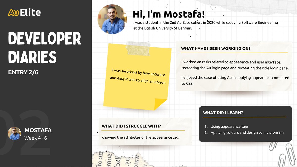 aucoda1's tweet photo. After just a few weeks of learning Au, developers are able to bring a design to life by implementing a user interface and applying appearance statements.

Follow us to hear more from Mostafa and our other students!

#DEVcommunity #devlife #programming #programming #AuLanguage https://t.co/LN9IiUcldi