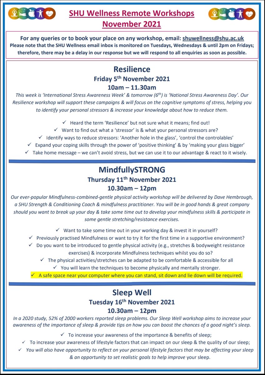 SHUWellness's tweet photo. Looking forward to delivering our fully booked #Resilience workshop to @HallamStaff this AM. There's currently 1 place available on #MindfullyStrong with @dwhembro next week & 2 places left on #SleepWell with @Sue_Kes on 16th Nov. Interested? Book today! shuwellness@shu.ac.uk https://t.co/d8f0FpVish
