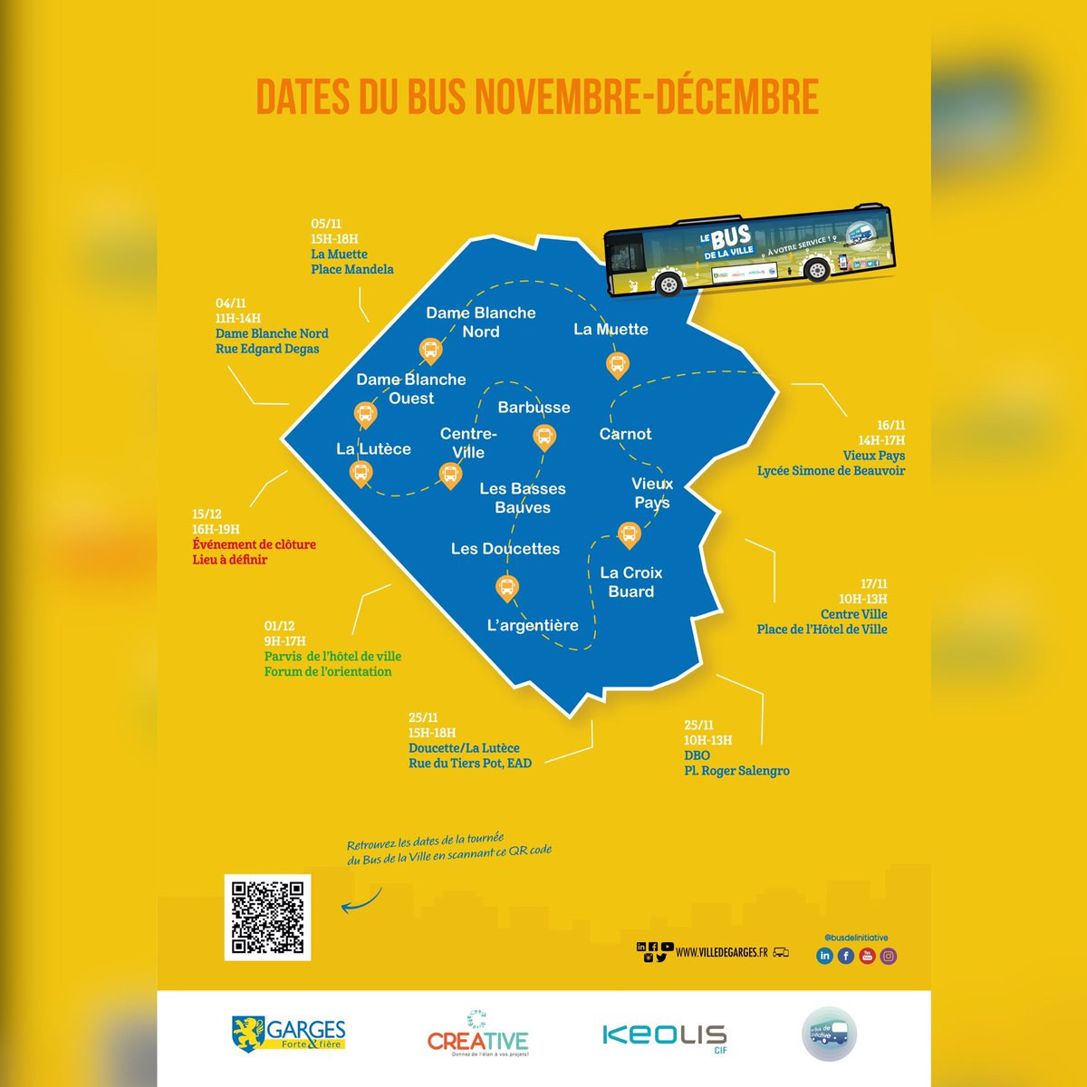 [BUS DE LA VILLE]
Le bus de la ville sera présent cet après-midi au quartier de La Muette, pour aller à la rencontre des habitants afin de les aider dans leurs démarches. 
Retrouvez nous tous les mois de novembre et décembre dans la ville ! 
On vous attend nombreux <a href="/VilledeGarges/">Ville de Garges</a>