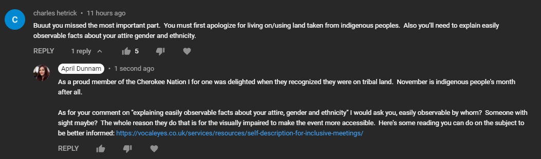 aprildunnam's tweet photo. The fact that someone took the time to post this on my Ignite video &amp; 5 people liked it made me realize we need to increase awareness on this issue. The self descriptions of appearance you saw the hosts doing at Ignite were for #accessibility.  Please research before criticizing. https://t.co/bGvzn458Bf