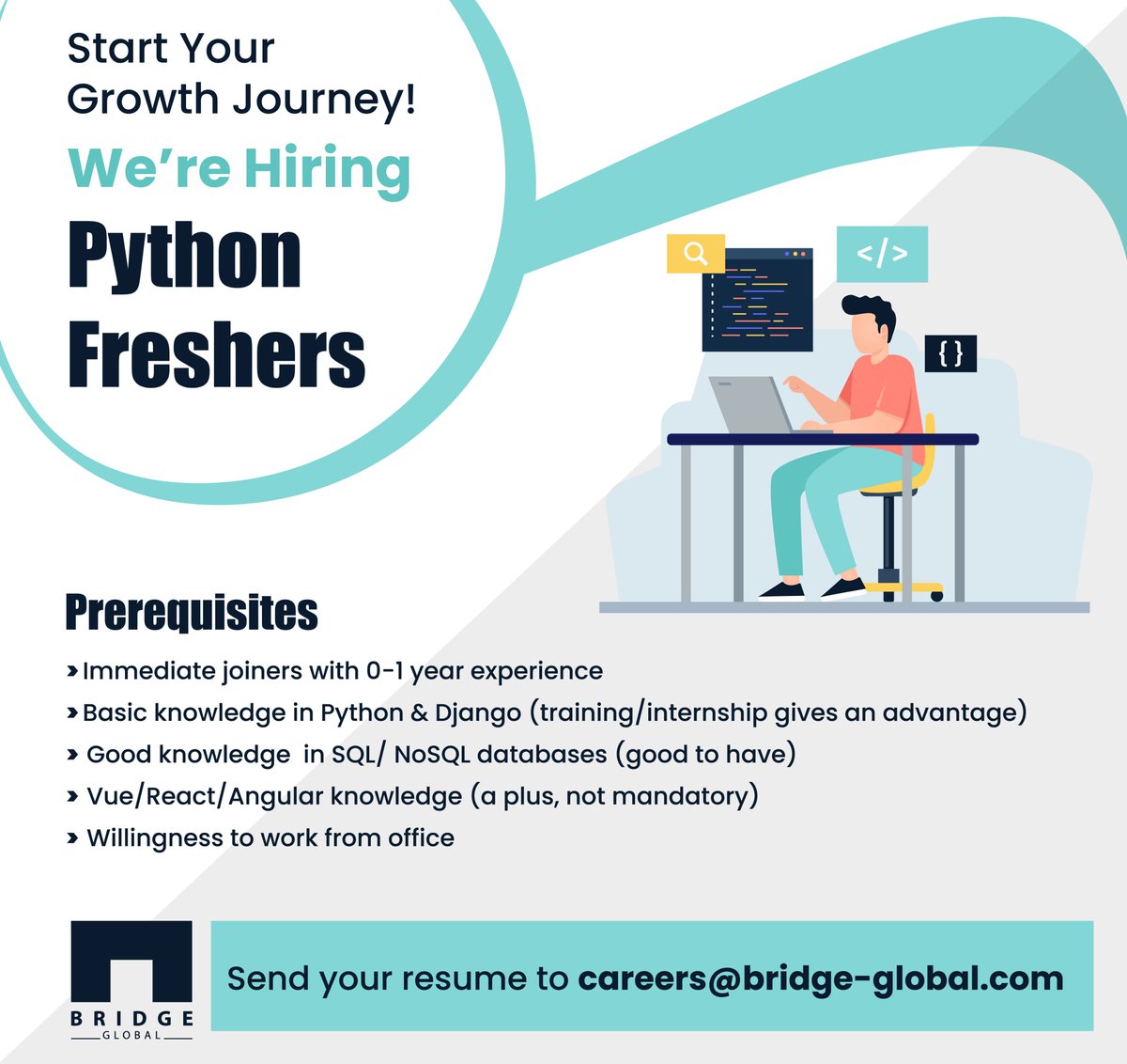 Bridge_Tweed's tweet image. Good that you’re an aspiring #Pythonfresher. Well, how about kicking off your career with us in a groovy #workenvironment? Then join our squad soon by mailing us your resume at careers@bridge-global.com now.
#Hiring #fresherjobs #HiringNow #BridgeGlobal