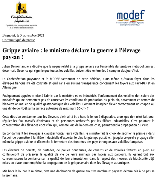 ConfBearn's tweet photo. Alors qu'aucun cas de #grippeaviaire n'a été détecté en France, @J_Denormandie décide de confiner toutes les volailles du territoire. C'est une déclaration de guerre contre l'élevage paysan de plein-air et un pas de plus dans l'industrialisation à outrance de l'agriculture. https://t.co/nuDKNDpTaN