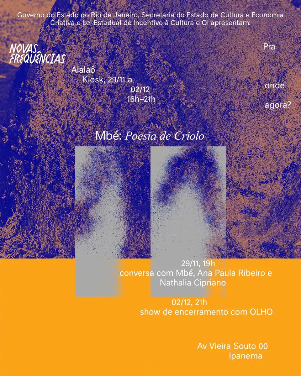 nfrequencias's tweet photo. Estão de volta as tão sonhadas atividades presenciais, dessa vez em formatos inéditos! O Alalaô Kiosk, no Arpoador, receberá, entre 29/11 e 02/12, @lek_mbe com sua instalação Poesia de Criolo. Além do som do OLHO e uma roda de conversa c/ Mbé, @pretavelhaa e Ana Paula Ribeiro. https://t.co/FCEHGpJIYg