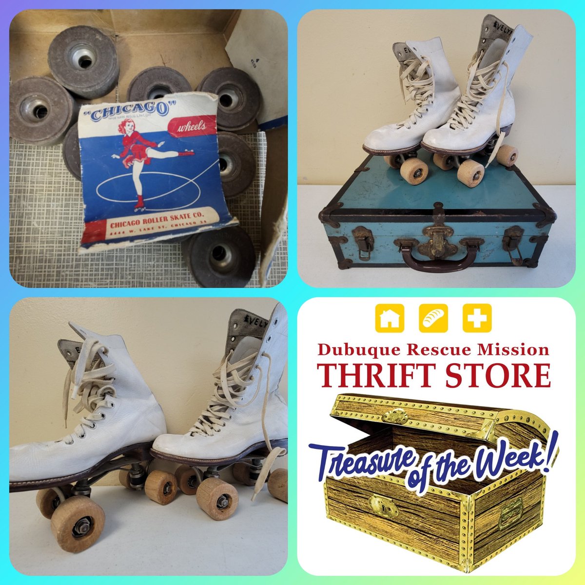 dbqrescue's tweet photo. Check out Week #2 of the Dubuque Rescue Mission Thrift Store #TreasureoftheWeek:

Leather roller skates with wooden wheels, from the  Chicago Roller Skate Company!

Also included are 2 extra sets of wheels (8), and the pictured carrying case!
 
#RescueMission #thriftstore https://t.co/p8T2g38wcB