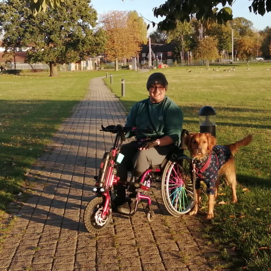 DTDCharity's tweet photo. @dtdcharity recent funded a power add on to a manual wheelchair. 'My dogs love trotting along next to it too and going on longer walks now I can be more mobile Thank you so much to the charity for providing the grant, it’s definitely been life changing.' 🙂 https://t.co/g8MyhHl74G