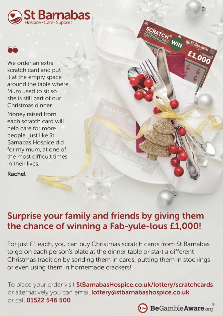 Don’t miss the launch of <a href="/StBarnabasLinc/">St Barnabas Hospice</a> Xmas Scratch cards next week great for table favours, cracker inserts, stocking fillers (for the over 18’s) or just to pop in a card! #purchase #support #win