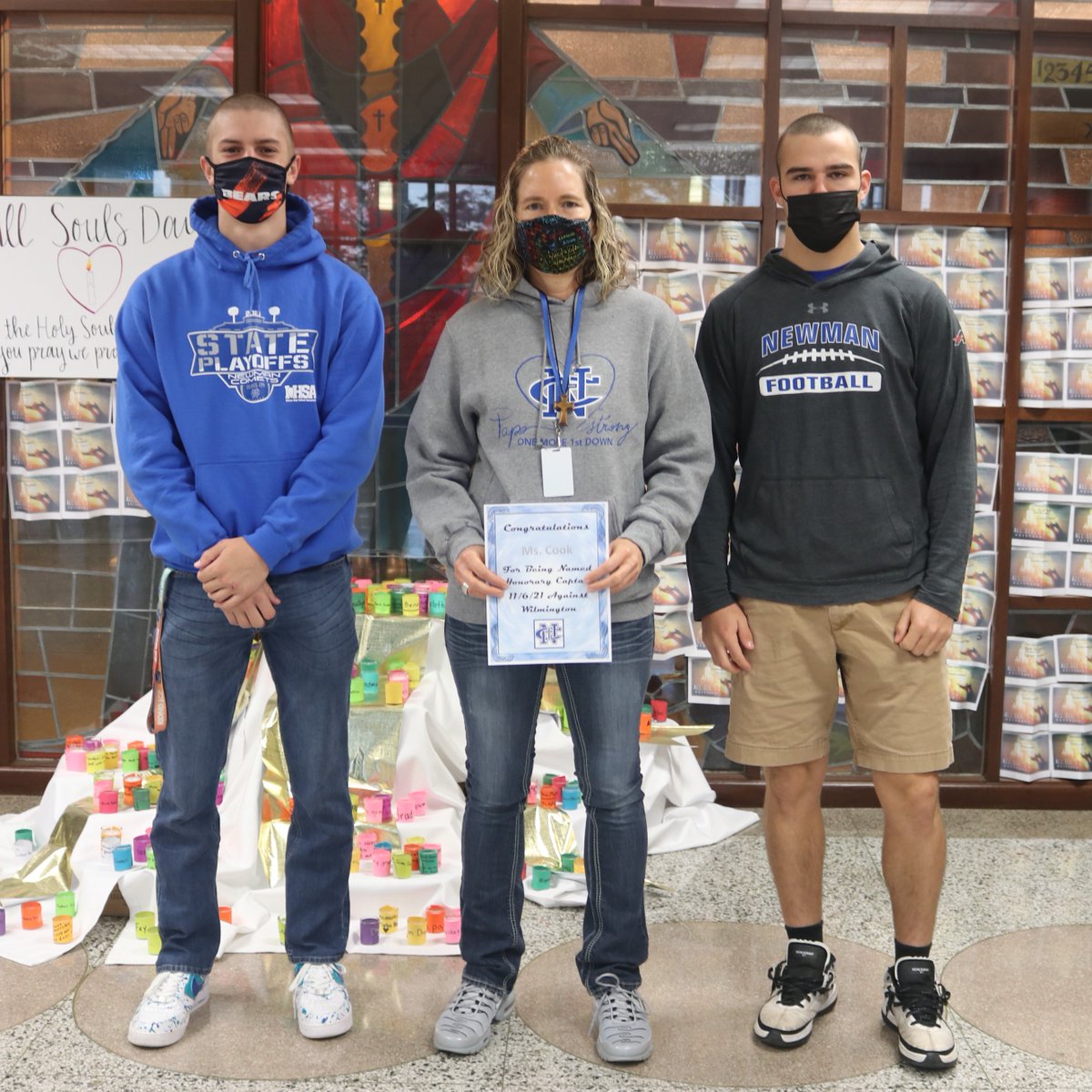 NewmanCCHS's tweet photo. Congratulations, Ms. Cook! @NewmanFootball1 Honorary Captain of the Week! #gocomets #rollonbluemachine #newmanstrong https://t.co/NguhElc8hC https://t.co/i36dF9mhxP