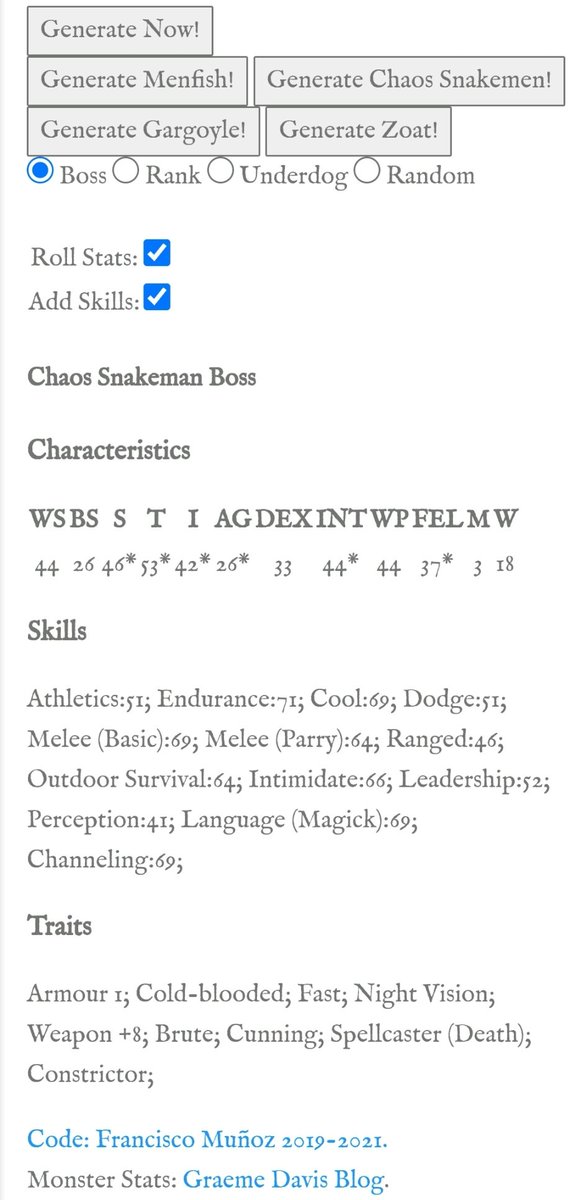 StuffPaco's tweet photo. After a @GraemeJDavis post on reddit about his #wfrp blog and lost warhammer creatures, I coded a random generator for 4 races of creatures!
https://t.co/UfETkLQuun
Go get your own Manfish! Or #Zoat! Or Gargoyle! Or Chaos Snakeman!
#ttrpg https://t.co/wfDxk73hhl