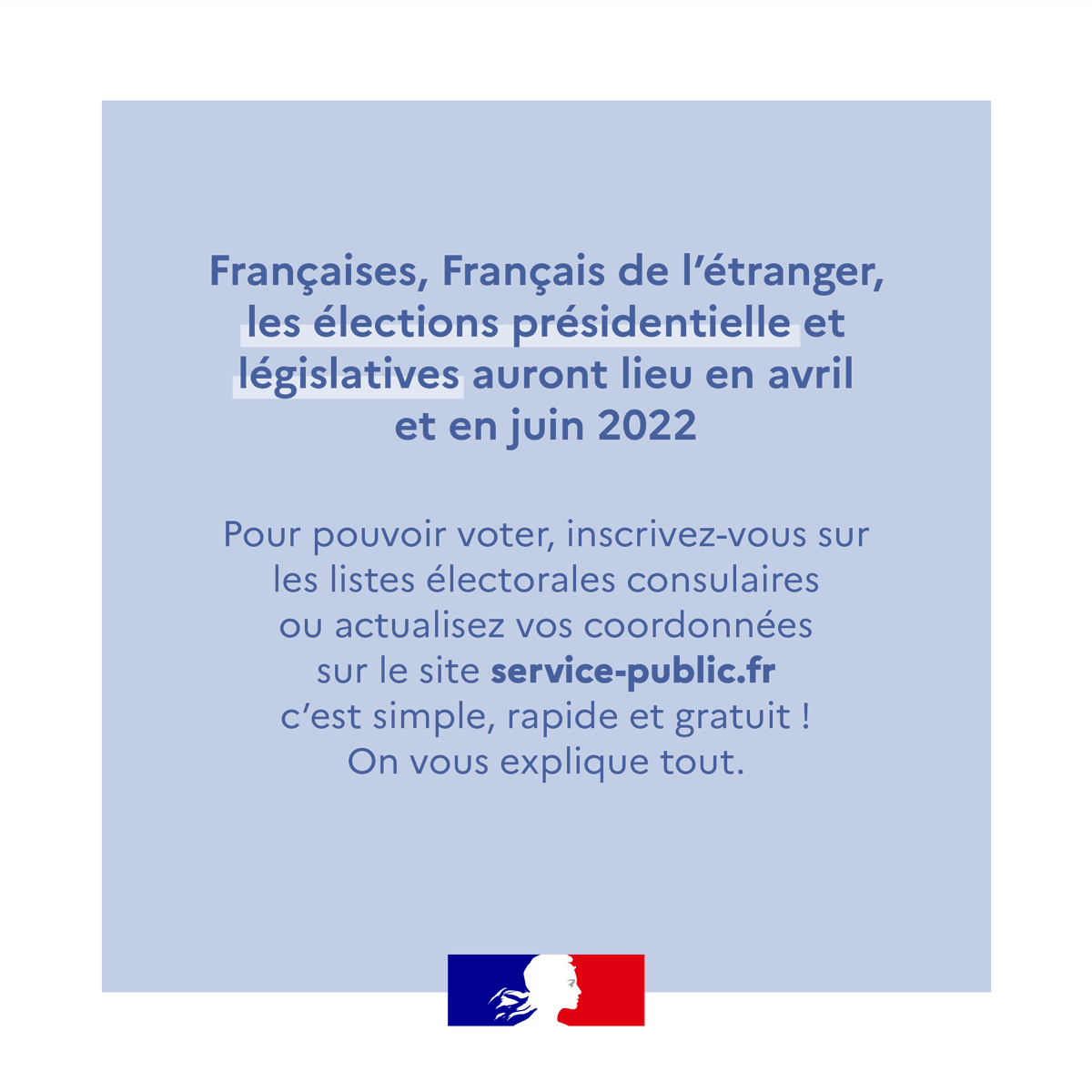 🗳️#Élections | 🇫🇷 de l'étranger, l'élection présidentielle et les législatives auront lieu en avril &amp; juin 2022.

💻Pour voter, pensez à vous inscrire en ligne sur la liste électorale consulaire ou actualisez vos coordonnées sur service-public.fr

ℹ️ diplomatie.gouv.fr/fr/services-au…
