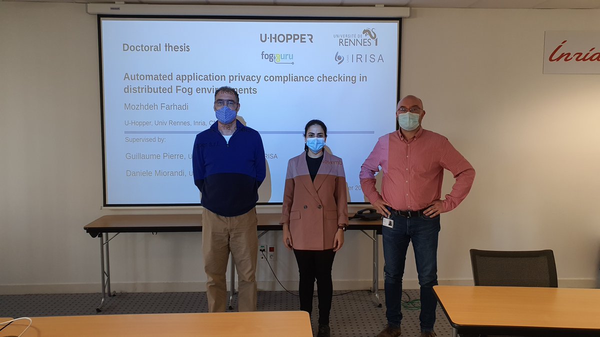 FogGuru MSCA Project (@thefogguru) on Twitter photo 🇪🇺<a href="/thefogguru/">FogGuru MSCA Project</a> early-stage researcher @MozhdeFarhadi defended her PhD thesis today! Congratulations, Mozhdeh, for a job well done!🚀
📌"Automated application privacy compliance checking in distributed Fog environments"
➡️bit.ly/3BNPq4Y
<a href="/MSCActions/">Marie Skłodowska-Curie Actions</a> <a href="/uhopper/">U-Hopper</a> <a href="/irisa_lab/">IRISA</a> 🇪🇺<a href="/thefogguru/">FogGuru MSCA Project</a> early-stage researcher @MozhdeFarhadi defended her PhD thesis today! Congratulations, Mozhdeh, for a job well done!🚀
📌"Automated application privacy compliance checking in distributed Fog environments"
➡️bit.ly/3BNPq4Y
<a href="/MSCActions/">Marie Skłodowska-Curie Actions</a> <a href="/uhopper/">U-Hopper</a> <a href="/irisa_lab/">IRISA</a>