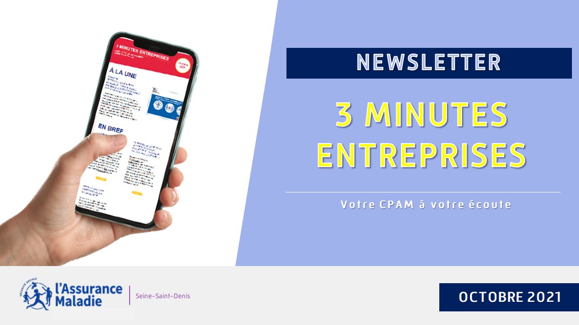 Cpam93's tweet image. [Employeurs #Newsletter]📝 
Retrouvez la newsletter "3 minutes entreprises" du mois d'octobre 2021. Au sommaire :
➡️Le #congepaternite
➡️Le compte AT/MP
➡️#COVID19 : le protocole sanitaire en entreprise
Plus d'infos 👉bit.ly/3q9qYZD