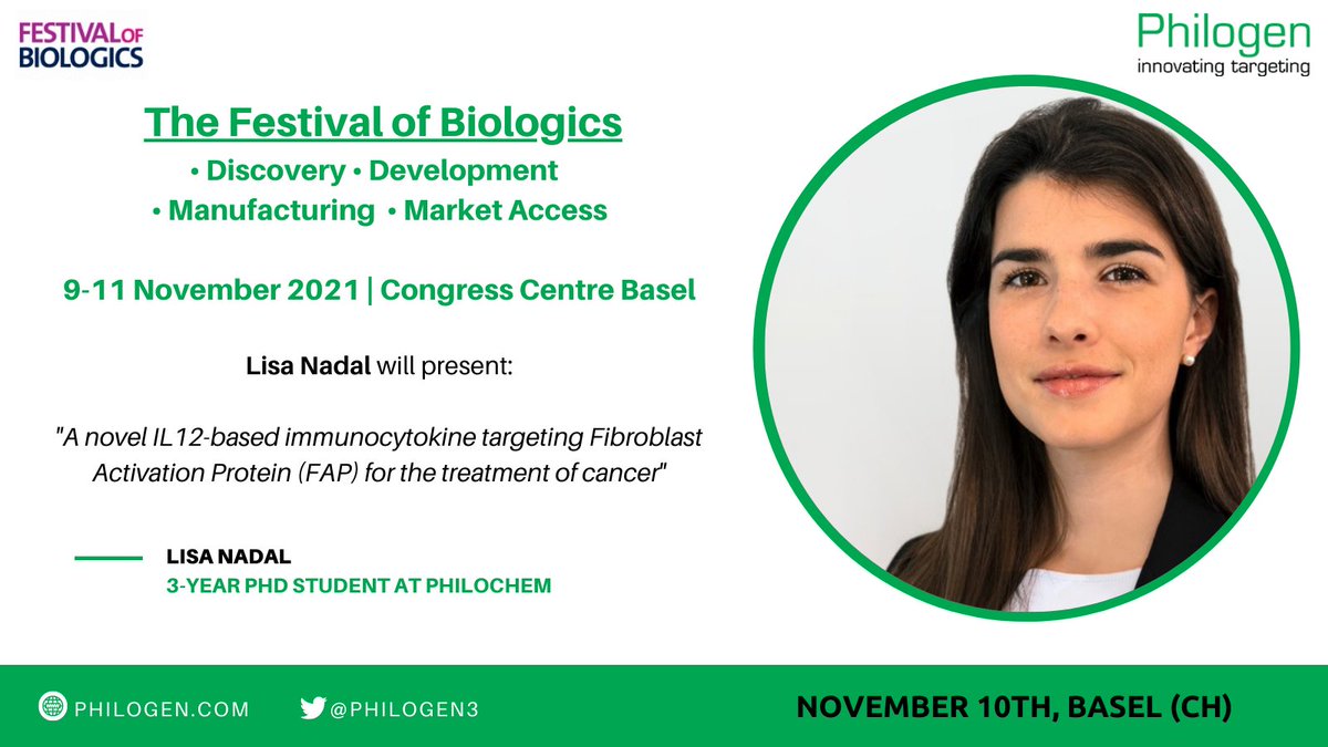 Philogen3's tweet photo. #Philogen announces its (third) attendance at the Festival of Biologics (Basel) on November 10, 2021!
Lisa Nadal (#Philochem) is giving a lecture.
Join us by booking your ticket here: https://t.co/wJVhRMYY1G
#clinicaltrial #researchers #manufacturing #partnership https://t.co/riL5x6PuXG