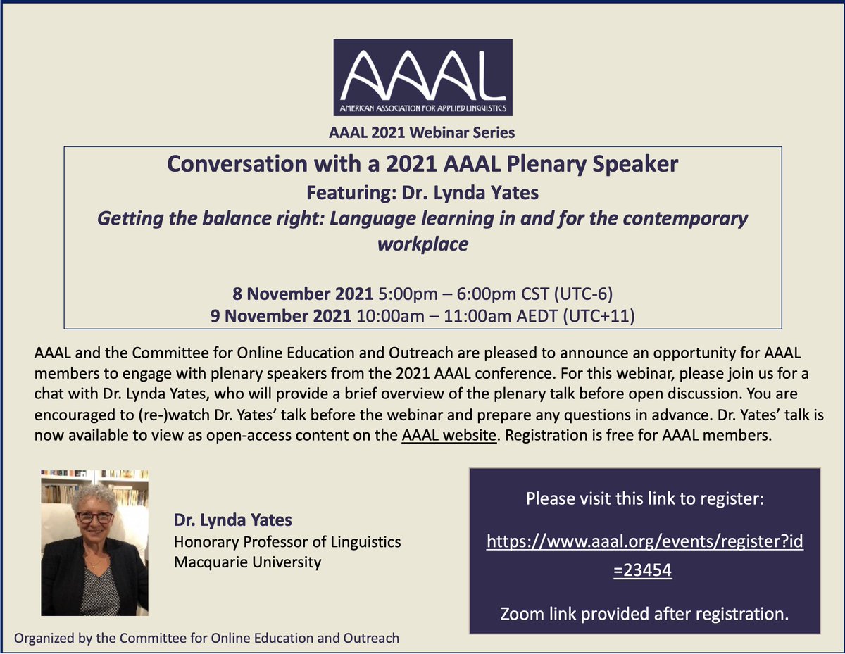 AAALinks's tweet photo. [Reminder] Join us for a chat with Dr. Lynda Yates, who will provide a brief overview of the plenary talk from the 2021 AAAL conference before open discussion. You are encouraged to (re-)watch Dr. Yates’ talk before the webinar. Free for AAAL members. https://t.co/URtj3ppOKC https://t.co/igiNb10ONB
