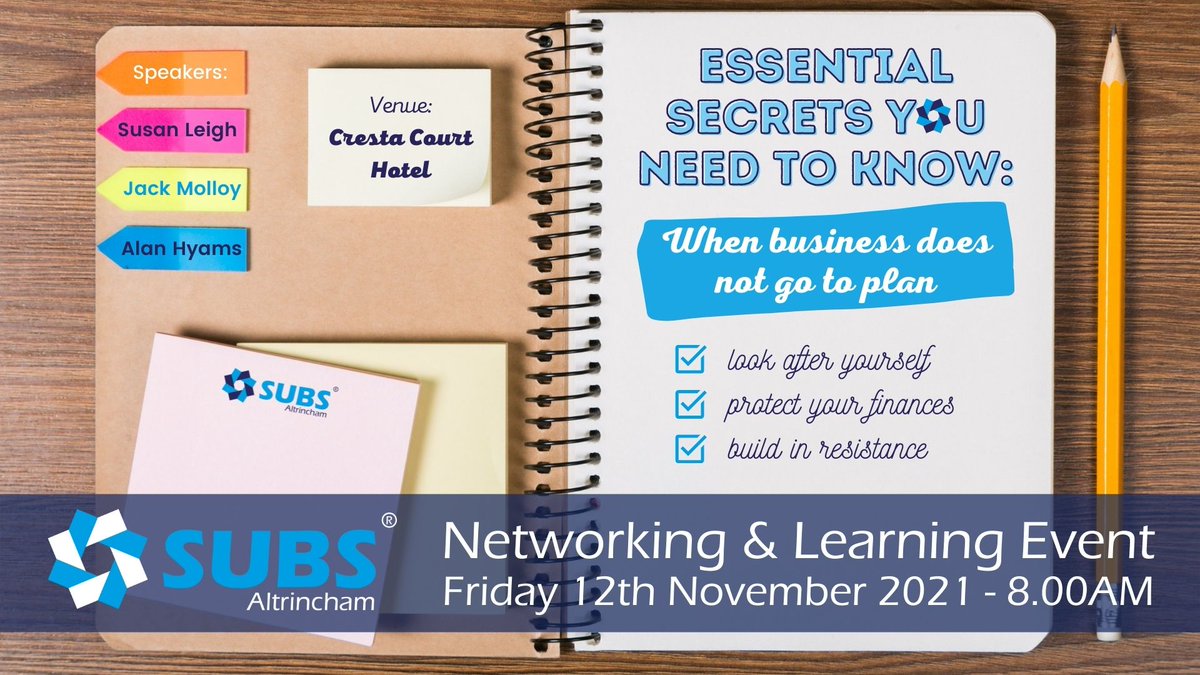 When your business runs as expected, everything just works. But there are also times when life, external factors and the unforeseen, bring everything to a standstill.
 
Join in the discussion along with #SUBS Altrincham Partners by booking here: portal.subsbusinessevents.co.uk/post/subs-altr…