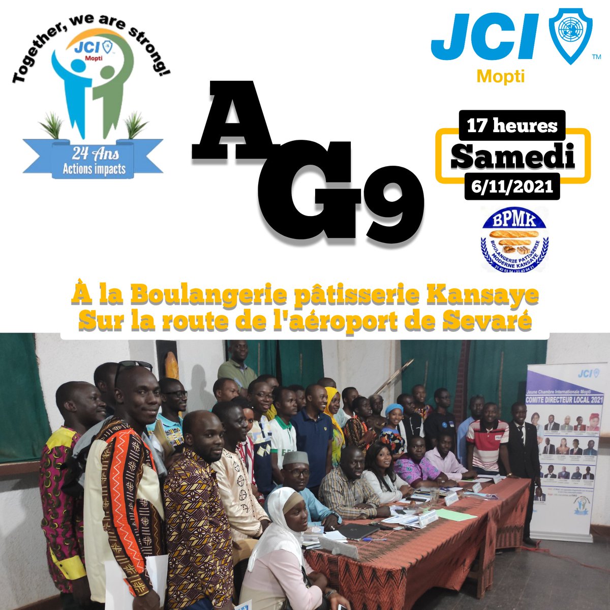 La #JCIMopti a le plaisir de vous inviter à sa 9ème Assemblée Générale , prévue pour ce samedi 6 novembre 2021 à la Boulangerie pâtisserie Kansaye de Sevaré à partir de 17 heures.
#JCIMali #WeAreJCI #JCIRise #TogetherWeAreStrong