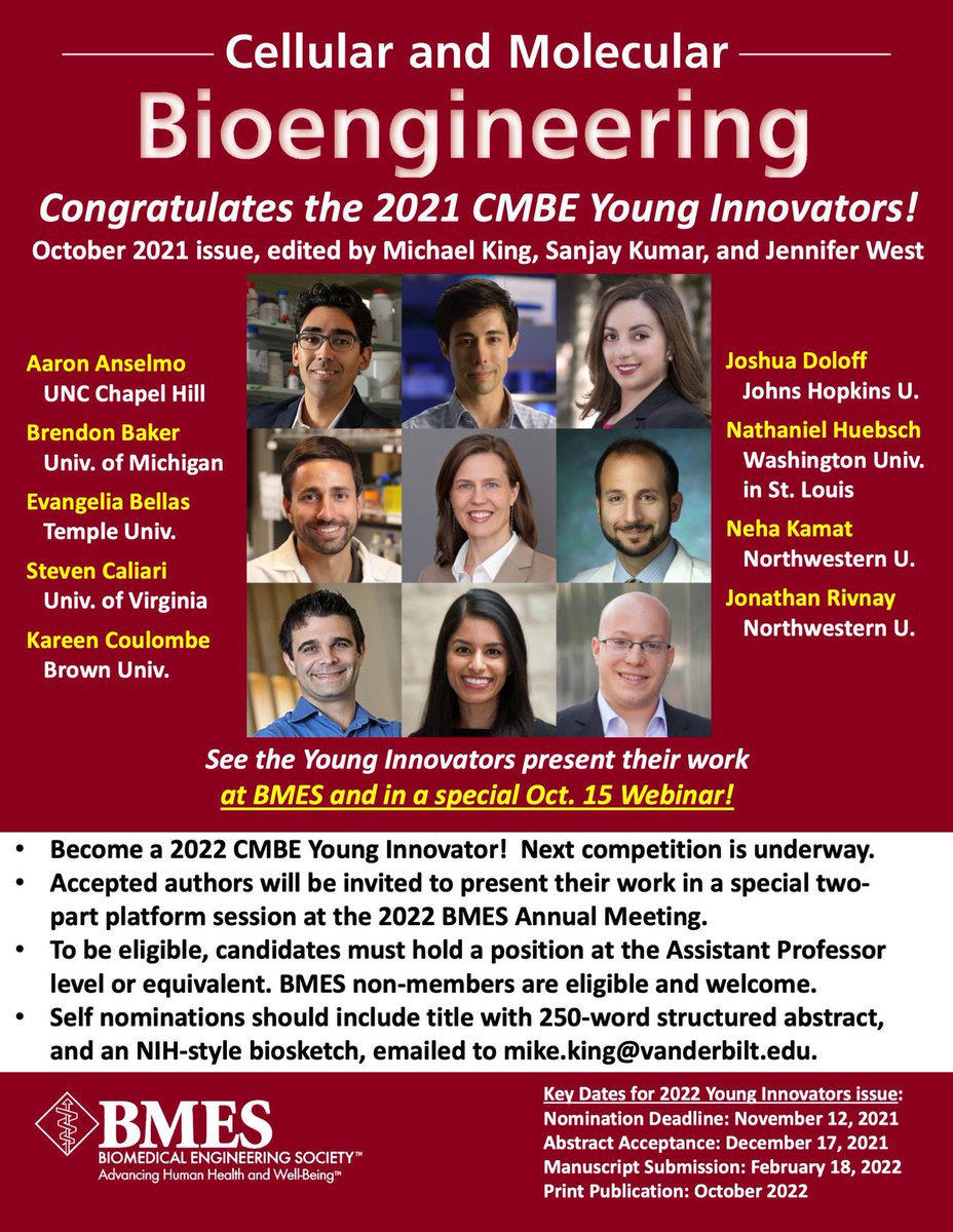 CMBE journal (@cmbejournal) on Twitter photo Assistant professors: want to be part of the 2022 CMBE Young Innovators special issue? Submit your self-nomination by Friday, Nov. 12! Next year’s issue will be edited by Profs. Cheng Dong, <a href="/profmikeking/">Michael King</a> , and @pruitt_research ! Assistant professors: want to be part of the 2022 CMBE Young Innovators special issue? Submit your self-nomination by Friday, Nov. 12! Next year’s issue will be edited by Profs. Cheng Dong, <a href="/profmikeking/">Michael King</a> , and @pruitt_research !
