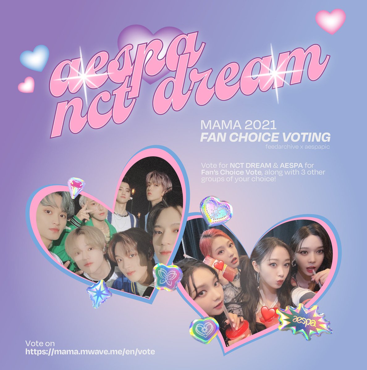 hello! we will be collaborating with @aespapic for MAMAs website voting! as 1 account can vote for a max of 5 groups for the Fans Choice Voting, you can vote for both AESPA and NCT DREAM (along with 3 other groups of your choice) reply with your voting proof if you want to! 🤍