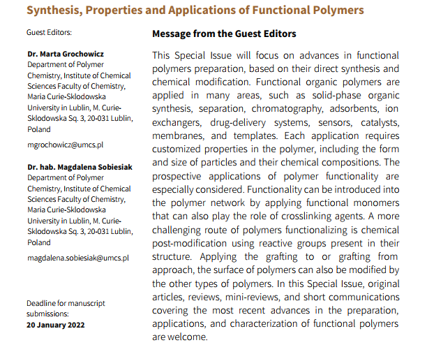 Materials_mdpi's tweet image. #SpecialIssue  #CallforPapers
We invite you to contribute to the Special Issue &quot;Synthesis, Properties and Applications of #FunctionalPolymers&quot;, edited by Dr. Marta Grochowicz and Dr. hab. Magdalena Sobiesiak
mdpi.com/journal/materi…