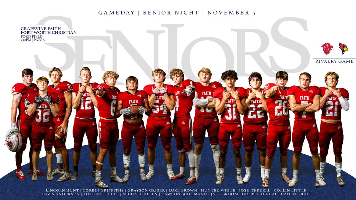 GoFaithLions's tweet photo. FB: Come out and support your Lions as they take on the Cardinals tonight at 730pm for Senior Night! We have a jam packed night full of many celebrations, you don't want to miss it! #faithfootball #seniornight #wearefaith https://t.co/iGCeY7Cc2O