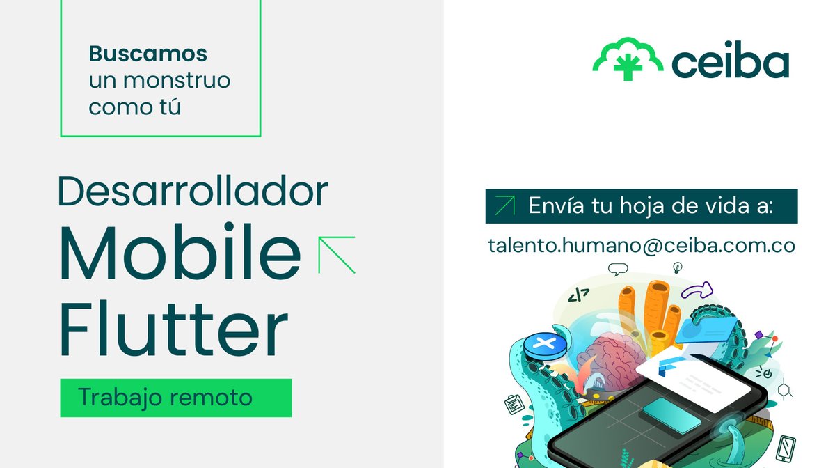 CeibaSoftware's tweet photo. ¡Haz parte de la transformación #Flutter! 

En #FamiliaCeiba buscamos #Desarrollador Mobile Flutter. 
Trabajo remoto

¡Únete a #CeibaPRO!

Aplica en https://t.co/nz5IJmw8Am
Escríbenos https://t.co/8q3esiBH1R

#Colombia #trabajosihay #Dev #ITJobs #Mobile https://t.co/XI9FJcY5iq