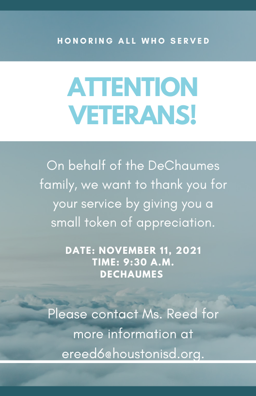 ErinDeChaumes's tweet photo. Thank you to all of our veterans! We truly appreciate everything you do for our country. We want to thank you by giving you a token of appreciation. If you are a veteran, please contact Ms. Reed at ereed6@houstonisd.org. https://t.co/4tUM53Tsvj