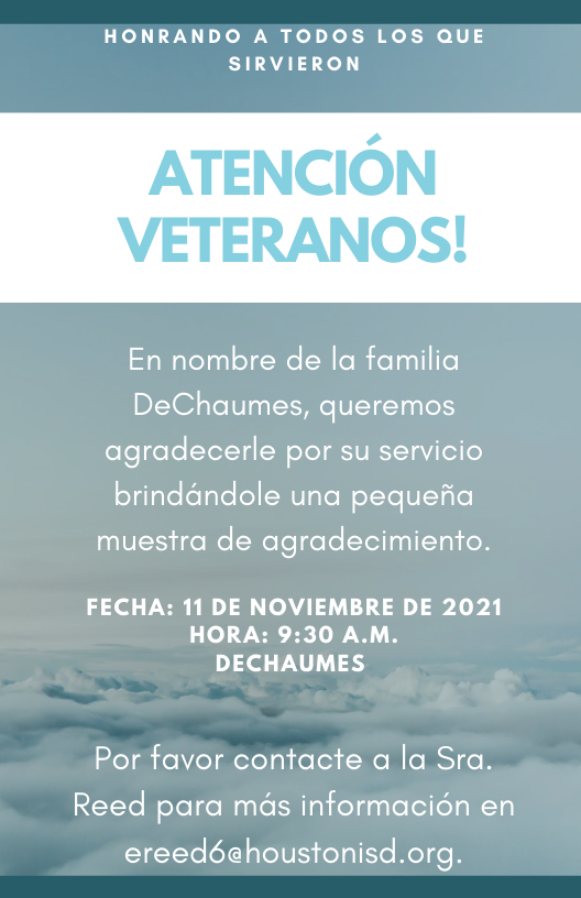 ErinDeChaumes's tweet photo. Thank you to all of our veterans! We truly appreciate everything you do for our country. We want to thank you by giving you a token of appreciation. If you are a veteran, please contact Ms. Reed at ereed6@houstonisd.org. https://t.co/4tUM53Tsvj