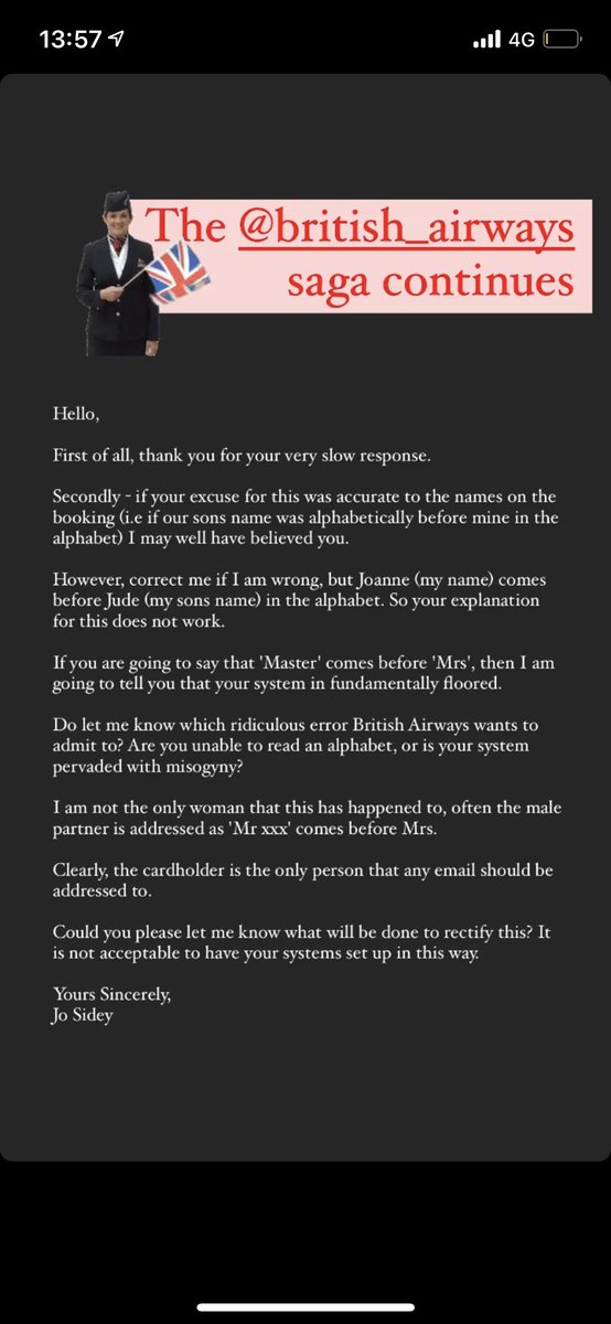 jo_sidey's tweet photo. @british_airways sends thank you emails to ‘Master xxx’ ahead of his mother’s and grandmothers and tries to blame the alphabet for blatant #misogyny Anyone else think its a totally floored system set up to undermine women? Here is my response #britishairways #feminist https://t.co/aq2ucsplN5