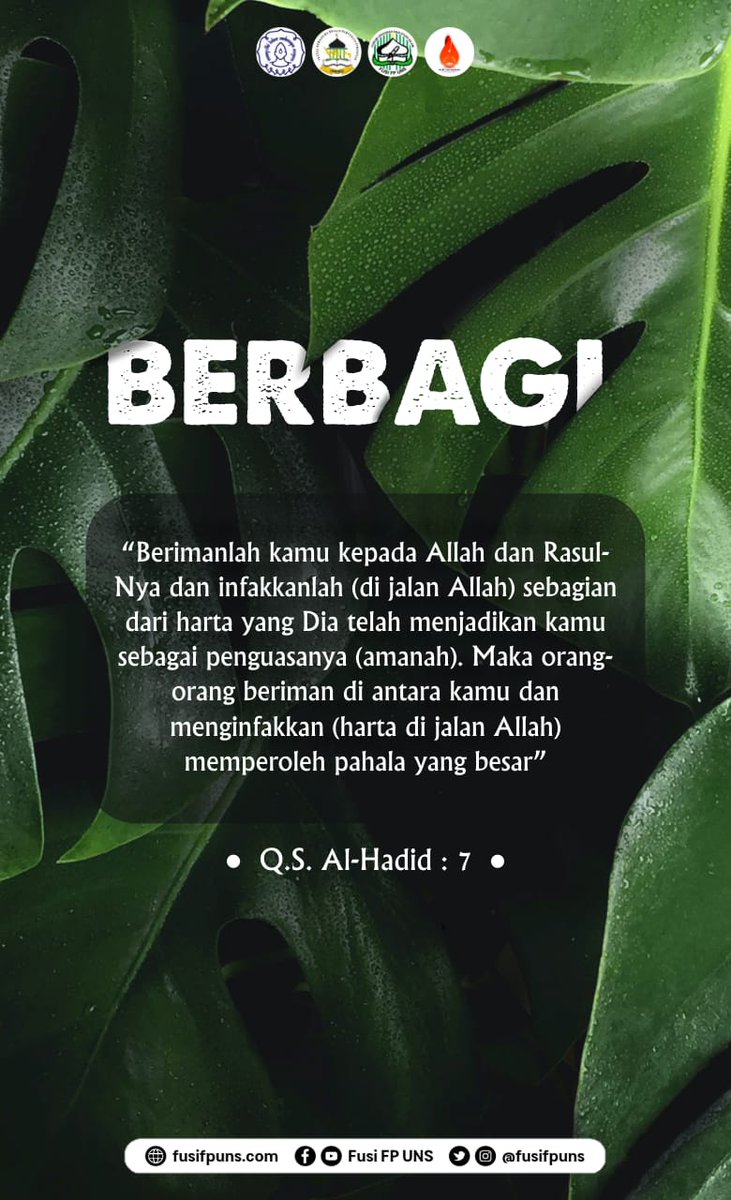 fusifpuns's tweet photo. Berimanlah kamu kepada Allah dan Rasul-Nya dan infakkanlah (di jalan Allah) sebagian dari harta yang Dia telah menjadikan kamu sebagai penguasanya (amanah). Maka orang-orang yang beriman di antara kamu dan menginfakkan (hartanya di jalan Allah) memperoleh pahala yang besar. https://t.co/OO48MN6bxP