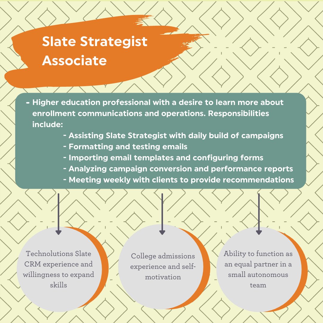 Underscore is seeking an individual with admissions experience that is looking to take the next step in their enrollment knowledge. Ready to learn from the country's largest team of full-time Slate experts? Resumes and cover letters should be sent to info@underscorehighered.com