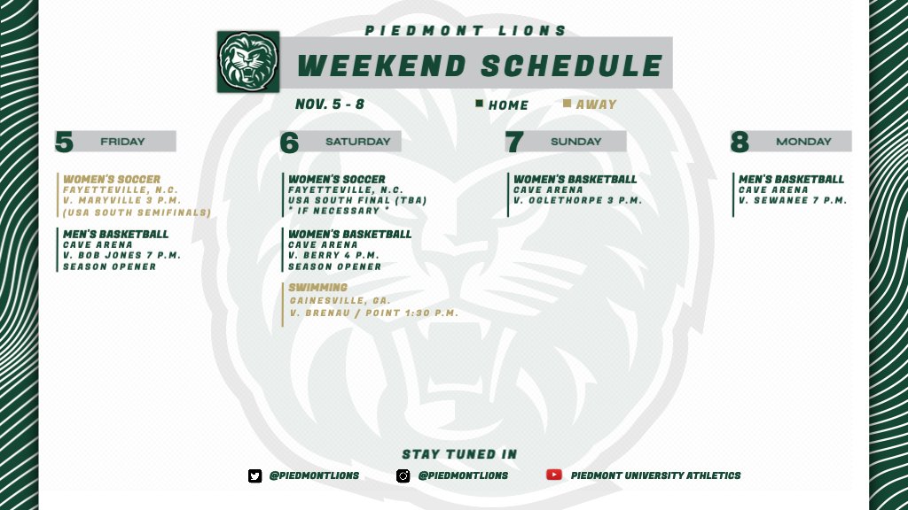 PiedmontLions's tweet photo. It's a busy weekend for us as we open up basketball seasons at home while @PiedmontWSOC competes for a championship and @LionsSwimming is in action as well!

Full weekend schedule ⤵️

Be sure to check https://t.co/2ocuS6hx33 for details! https://t.co/8Aun9esOEI