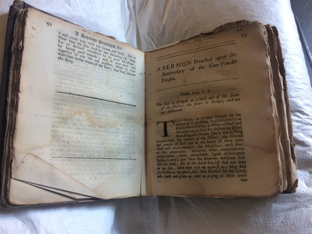 This shabby little book from 1676 contains a sermon to commemorate the failed Gunpowder Plot. It was read in Great St Mary's, Cambridge by the Master of Magdalene College  and students could be fined for non-attendance #GunpowderPlot