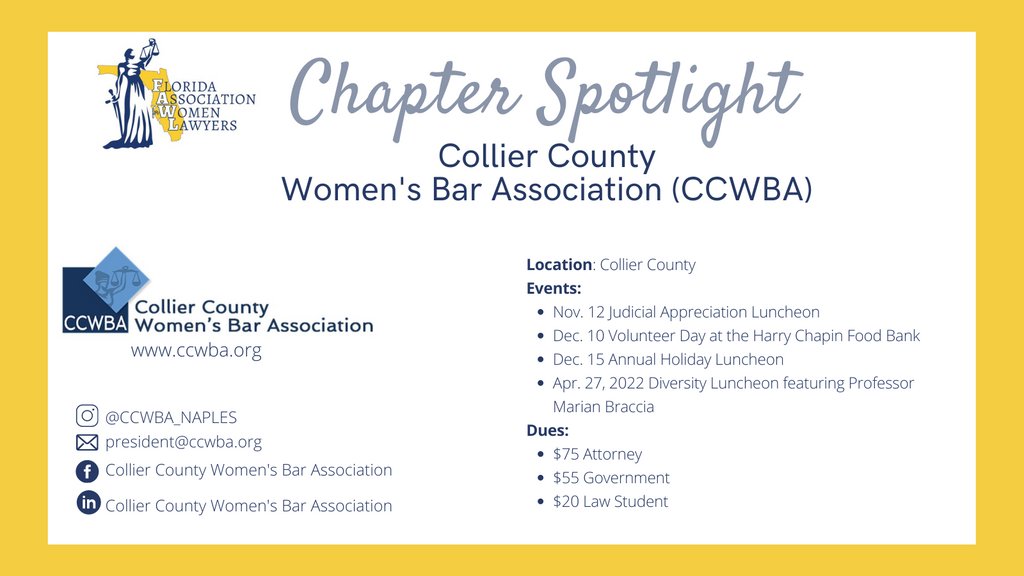 FAWL_FAWL's tweet photo. 🔦Chapter Spotlights🔦
⭐Collier County Women's Bar Association (CCWBA)⭐
Follow them on social to learn more about their events and members! 🥳
Comment and tag a Collier County Lawyer who should join CCWBA!
🎈#FAWLturns70🎈 #YourFAWL #FAWL #FAWLowus https://t.co/LsibsOZTsV