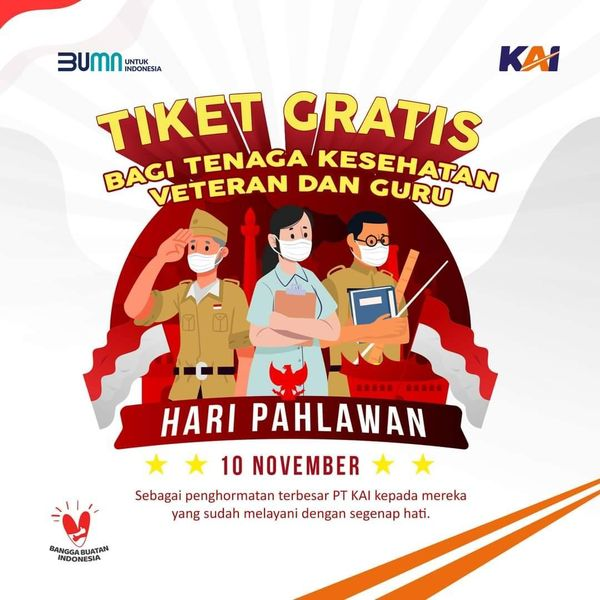 keretaapikita's tweet photo. Menyambut Hari Pahlawan, KAI Gratiskan Guru, Nakes, dan Veteran Naik Kereta Api
https://t.co/wROT8dMGEB

Dalam rangka menyambut Hari Pahlawan, KAI membagikan Voucher tiket KA Jarak Jauh secara cuma-cuma kepada Tenaga Kesehatan, Guru, dan Veteran. https://t.co/W2tYhHAFft